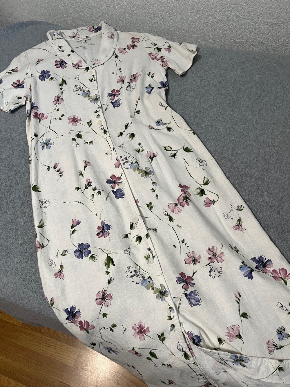 Vintage Floral Linen Maxi Dress Large Button Front Modest Y2K